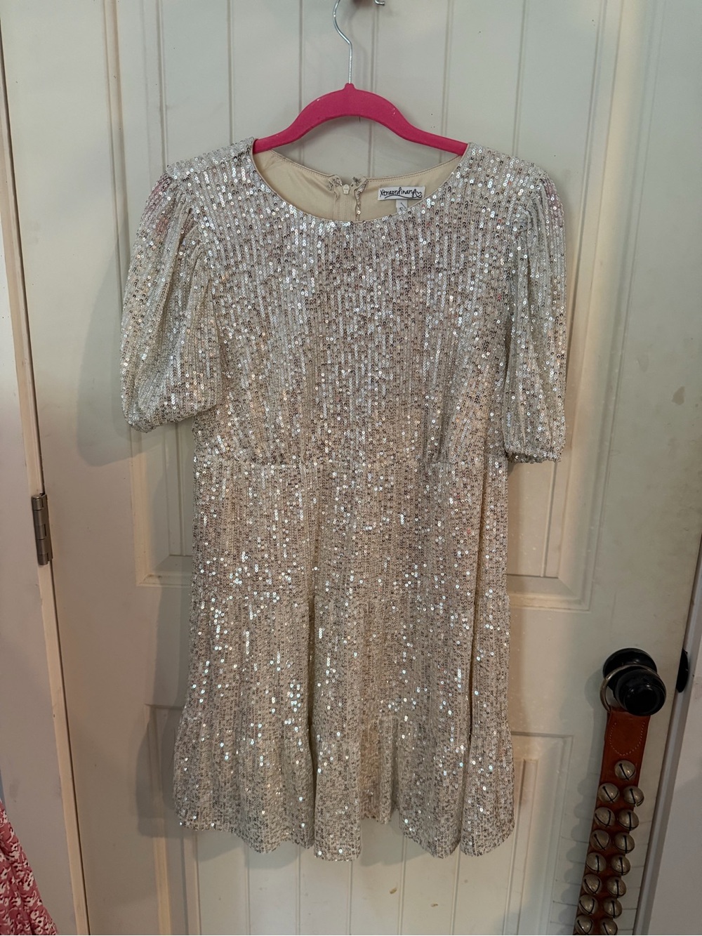 Xtraordinary Cream Sequin Puff-Sleeve Party Dress